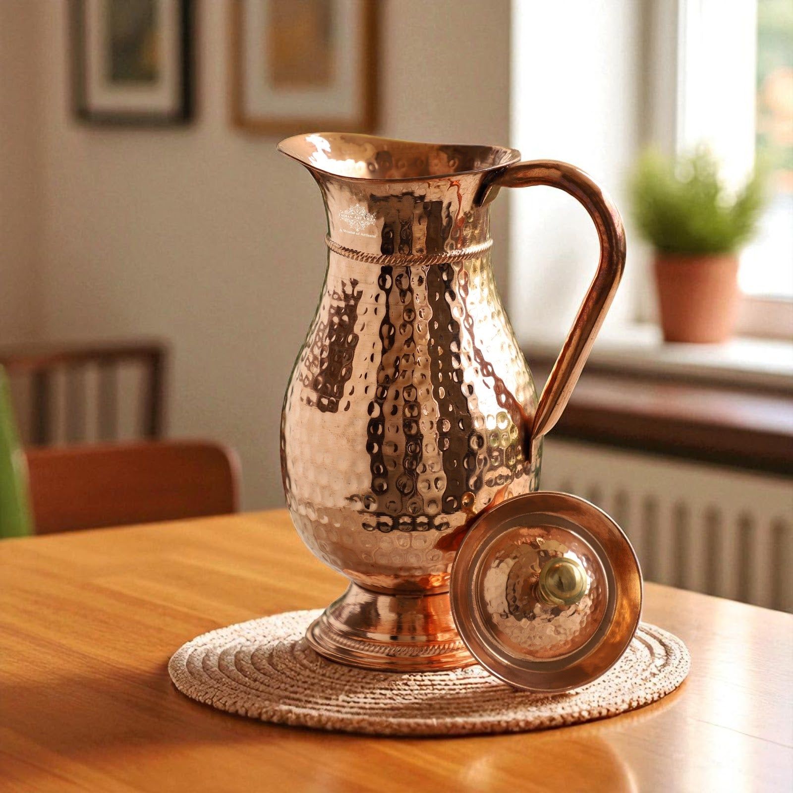 Pure copper antique hammered design mughlai jug with lid hammered, 1500 ML